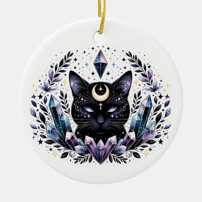 Fantasy Esoteric Crystal Black Cat  Ceramic Tree Decoration (Front)