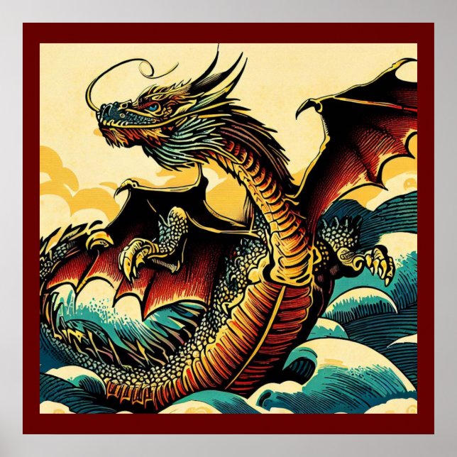 Fantasy European Dragon - Woodcut 2 Poster (Front)