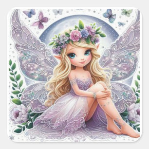Fantasy Fairy: A delicate fairy with glittering wi Square Sticker