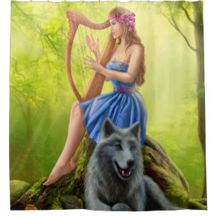 Fantasy fairy and friend wolf. shower curtain