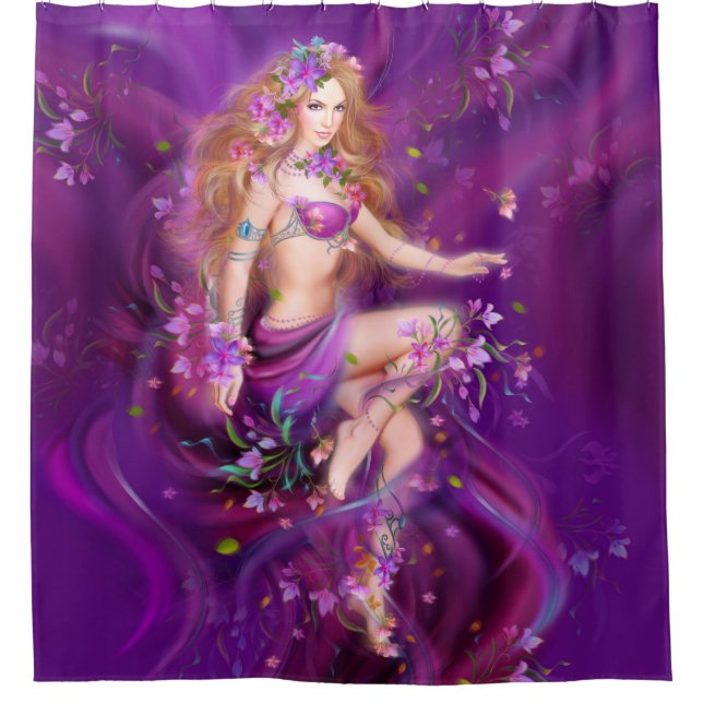 Fantasy fairy and purple flowers shower curtain (Front)