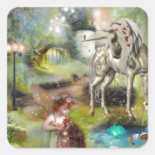 Fantasy Fairy and Unicorn Art Square Sticker