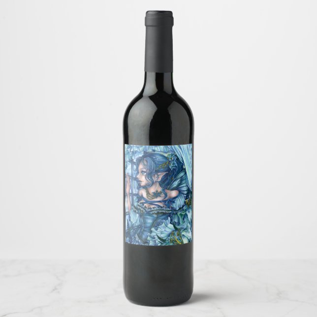 Fantasy Fairy Anime Girl Victorian Blue Wine Label (Front)