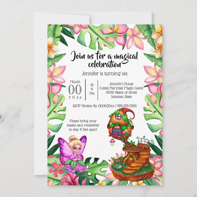 Fantasy fairy house tropical flowers goblin party invitation (Front)