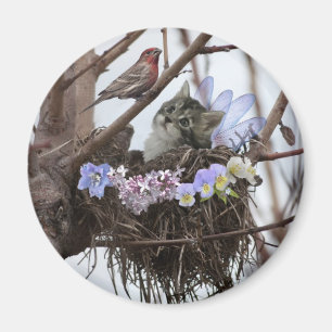 Fantasy fairy kitten and bird nest magnet