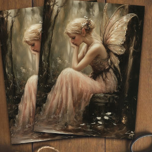 Fantasy Fairy Sitting on a Wooden Log Decoupage Tissue Paper