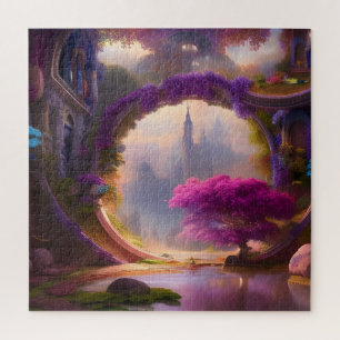 Fantasy floral courtyard pink tree jigsaw puzzle