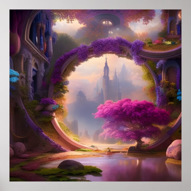 Fantasy floral courtyard pink tree   poster (Front)