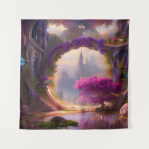 Fantasy floral courtyard pink tree tapestry