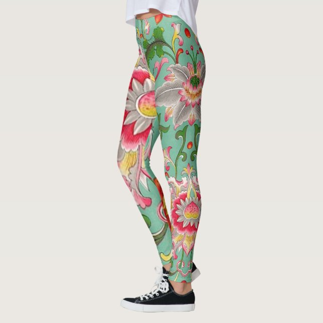 Fantasy Floral Oriental Chinoiserie on Green Leggings (Left)