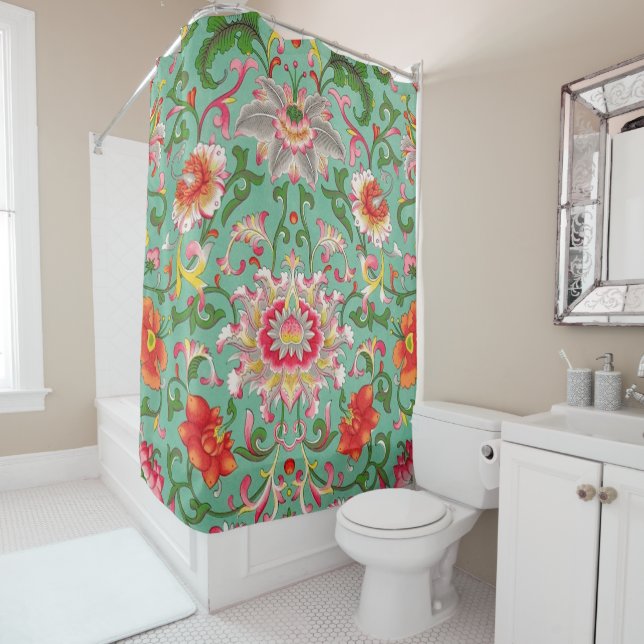 Fantasy Floral Oriental Chinoiserie on Green Shower Curtain (In Situ)