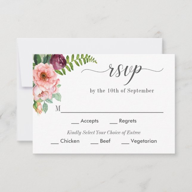 Fantasy Floral Wedding RSVP with Entree Choices (Front)