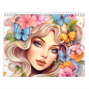 Fantasy Floral Women Colourful Hairstyle Calendar