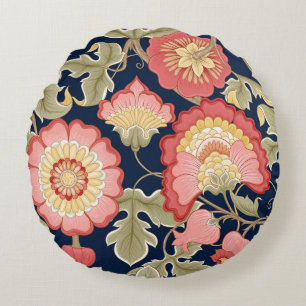 Fantasy flowers in retro, vintage, jacobean embr round cushion