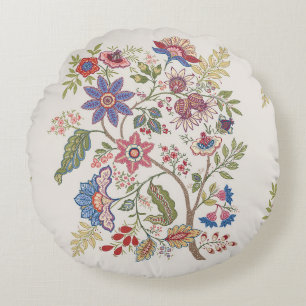 Fantasy flowers in retro, vintage, jacobean embroi round cushion