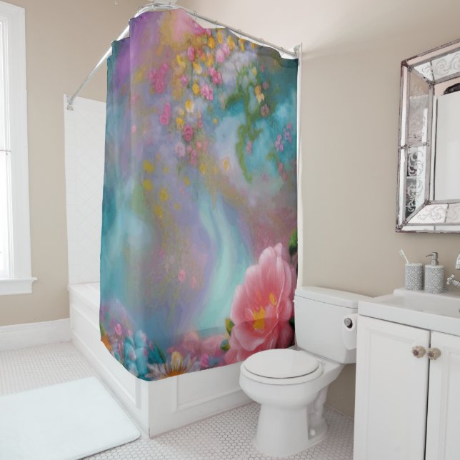 Fantasy Flowers Painted In Pink And Turquoise  Shower Curtain (In Situ)