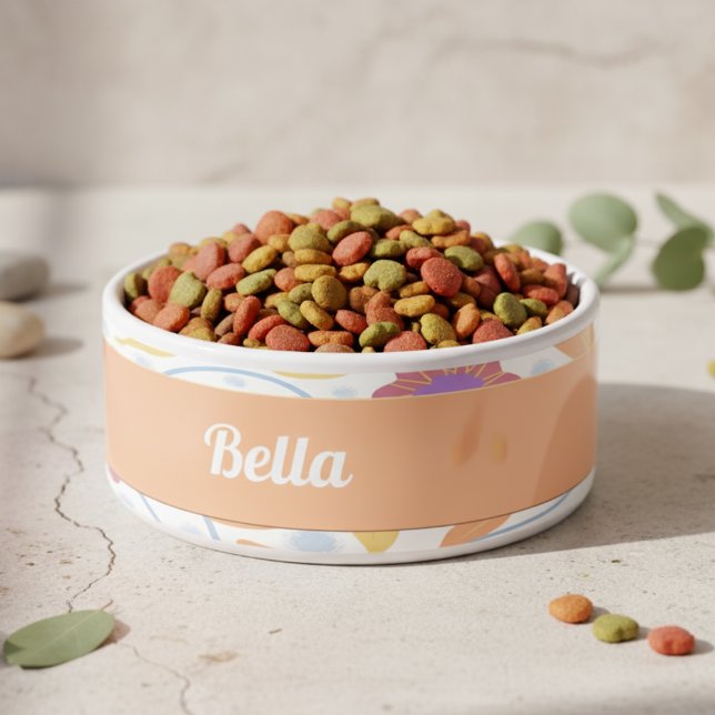 Fantasy Flowers Peach Blue White Ceramic Pet Bowl (Cute pastel customizable food bowl for your furry friend.)