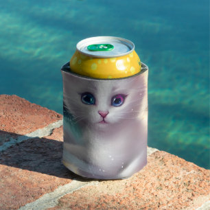 Fantasy Fluffy White Cat Can Cooler