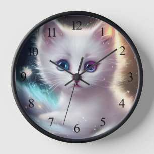 Fantasy Fluffy White Cat Clock
