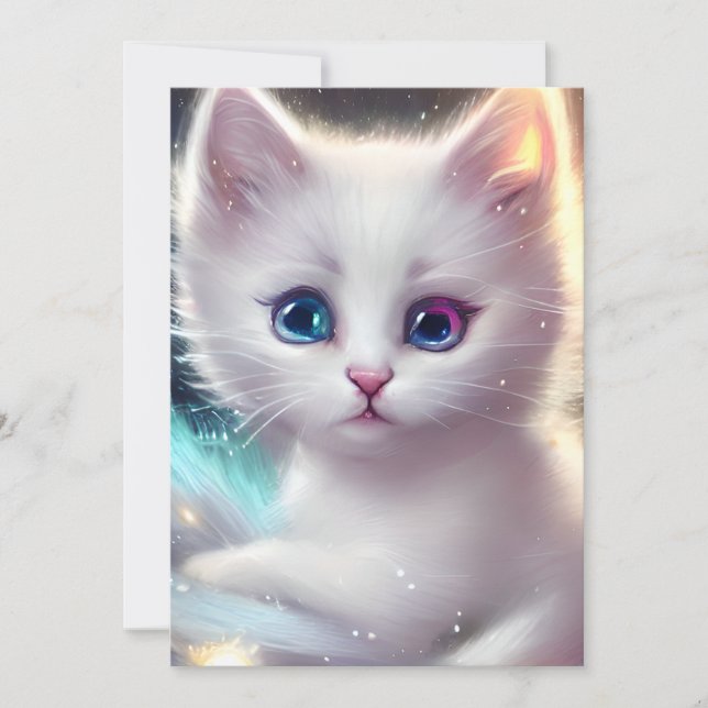 Fantasy Fluffy White Cat Holiday Card (Front)