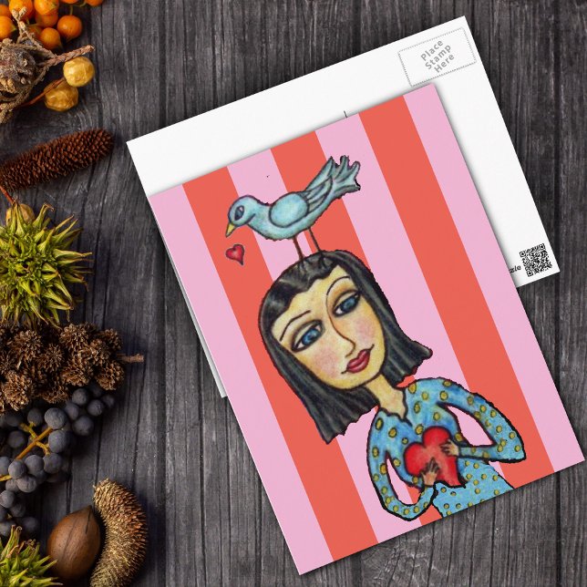 Fantasy Folk Art Lady Bluebird Hearts Love Postcard (Lady holding red heart with bluebird standing on her head on pink red striped postcard.)
