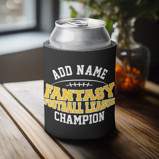 Fantasy Football Champion - Black and Yellow Gold Can Cooler (Personalized Can Cooler - add Your Name or Other Custom Text)