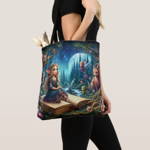 Fantasy Forest Elves, Faeries Colourful Green Art Tote Bag