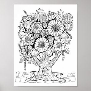 Fantasy Forest Flower Tree Colouring Page Art Poster