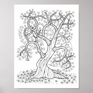 Fantasy Forest Heart-Leaf Tree Coloring Page Art Poster