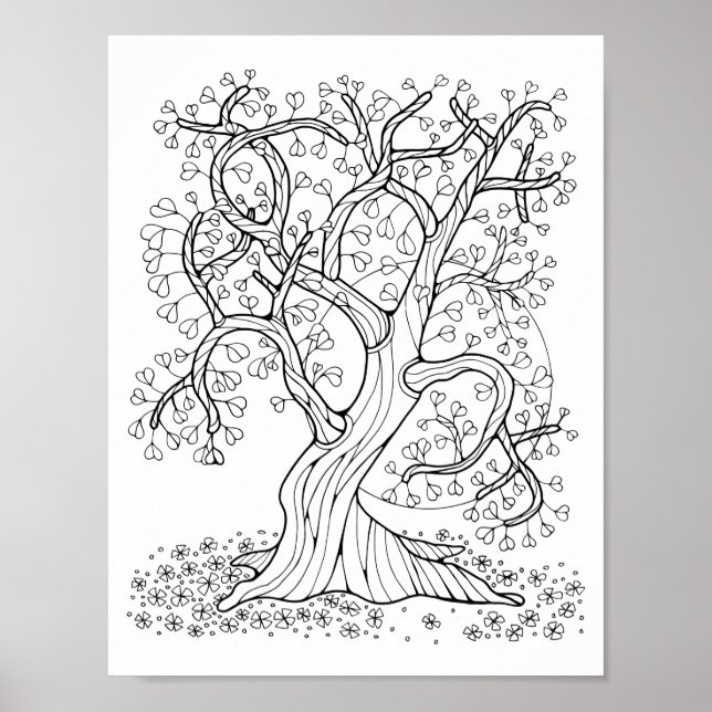 Fantasy Forest Heart-Leaf Tree Colouring Page Art Poster (Front)