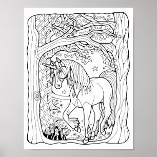 Fantasy Forest Unicorn Colouring Page Art Poster