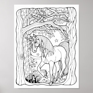 Fantasy Forest Unicorn Colouring Page Art Poster