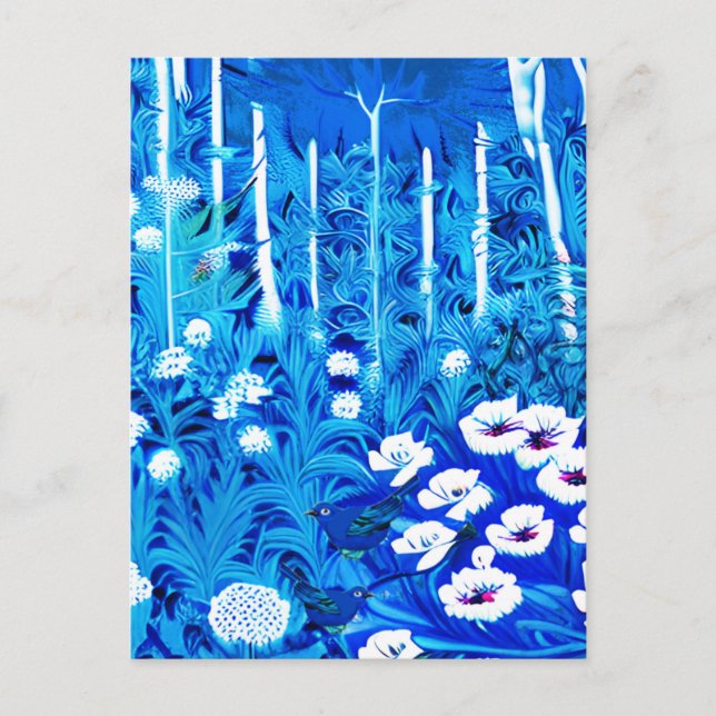Fantasy Forest with Flowers and Birds Postcard (Front)