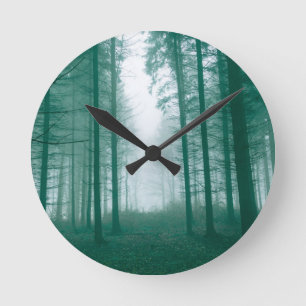 Fantasy forest with fog in Green Round Clock