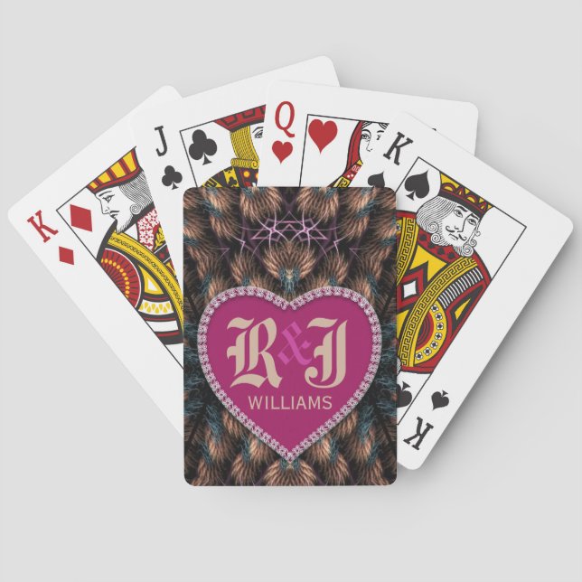 Fantasy Fractals Initials Pink Heart Personalised Playing Cards (Back)