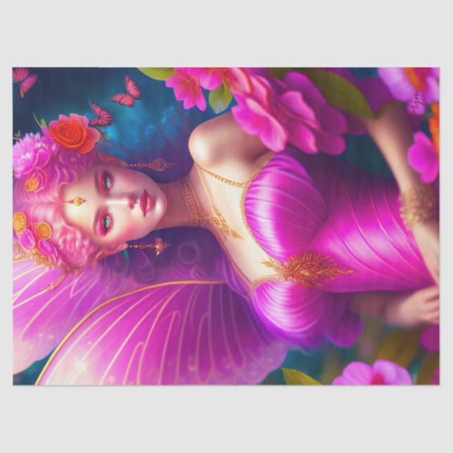 Fantasy Fuchsia Fairy Flower Butterflies Decoupage Tissue Paper (Front)