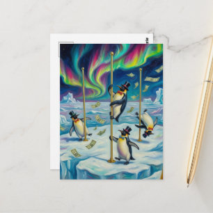 Fantasy Funny Dancing Penguins North Pole Postcard