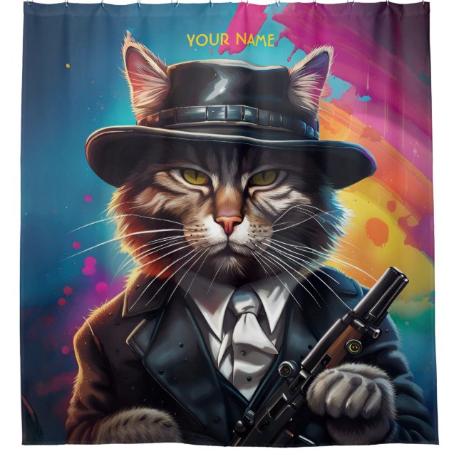 Fantasy Gangster Cat Gun Shower Curtain (Front)