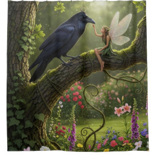 Fantasy Garden Fairy Raven Shower Curtain