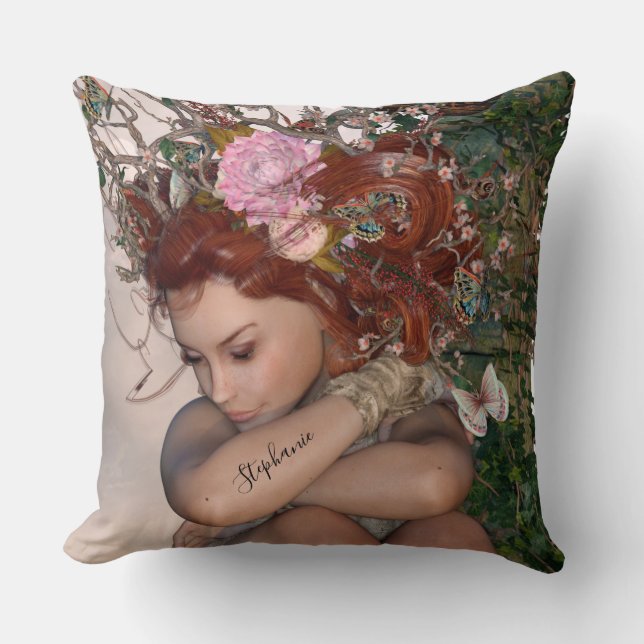 Fantasy Garden Fairy With Pink Flower Cushion (Front)