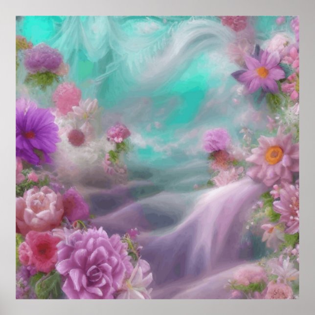 Fantasy Garden With Flowers And Pink Waterfall Poster (Front)