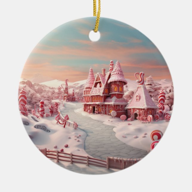 Fantasy Gingerbread House with Candies 4  Ceramic Tree Decoration (Front)