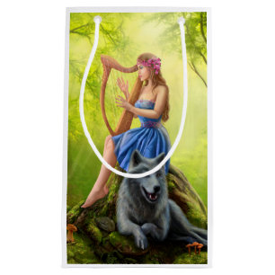 Fantasy girl fairy and friend wolf. Plays a harp. Small Gift Bag