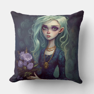 Fantasy Girl in Green, Creepy Cute Goth Pillow