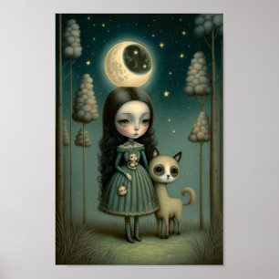 Fantasy Girl in the Woods with the moon Poster