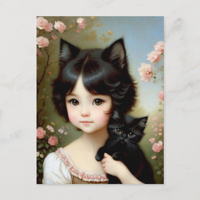 Fantasy Girl with Black Kitten - Vintage Painting Postcard (Front)