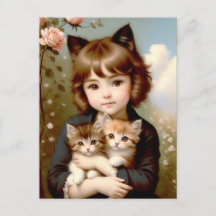 Fantasy Girl with Kittens - Vintage Painting