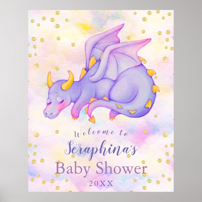 Fantasy Girls Purple Dragon Baby Shower Welcome Poster (Front)