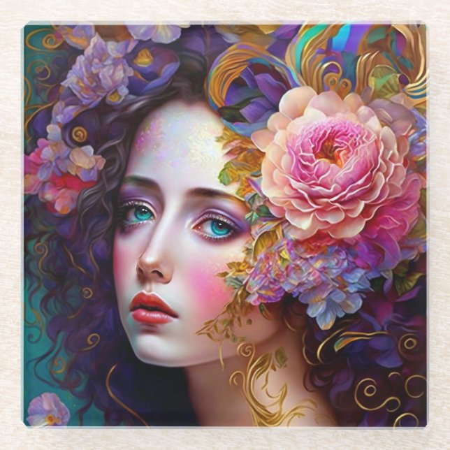 Fantasy Glam Woman Pop Art Glass Coaster (Front)