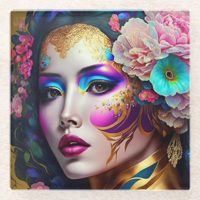 Fantasy Glam Woman Pop Art Glass Coaster (Front)